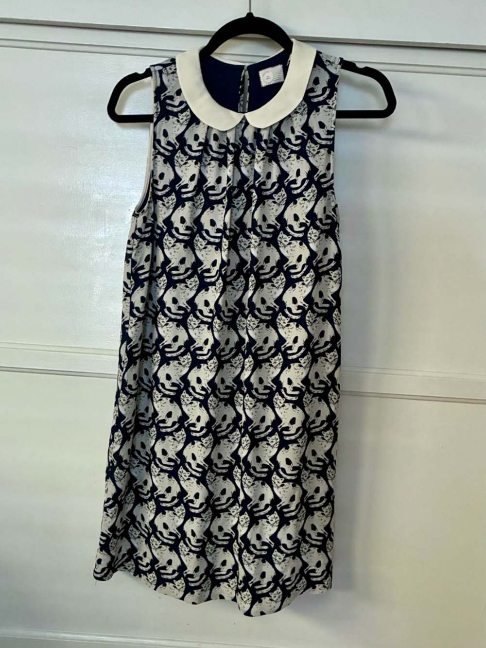 Cat Sleeveless Navy Pattern White Print Shift Dress Kitty Anthropologie